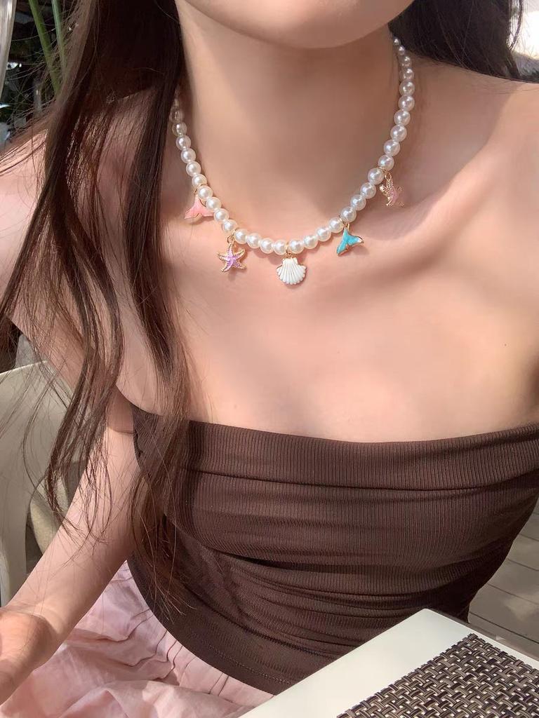 Jewelry Beaded Shell Starfish Pendant Necklace Vintage Imitation Necklace Clavicle Chain Accessories