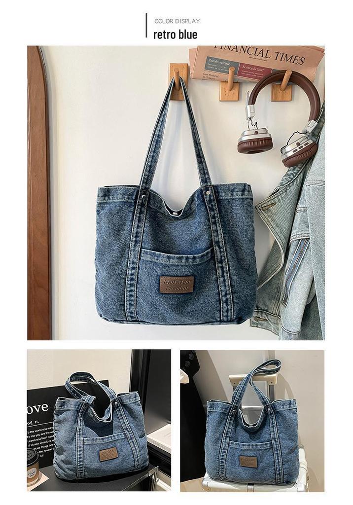 2026 Trendy Large Capacity Denim Tote Bag - Casual and Fashionable Shoulder Bag for Work and Commute