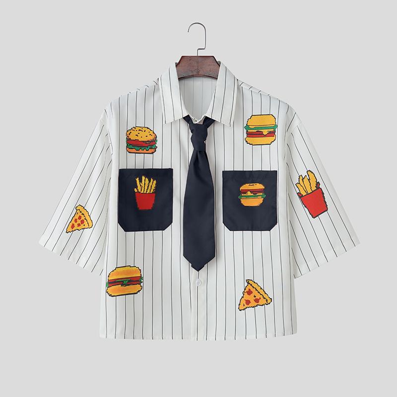 INCERUN Men Tie Lapel Neck Short Sleeve Button Down Cartoon Print Casual Cropped Shirts