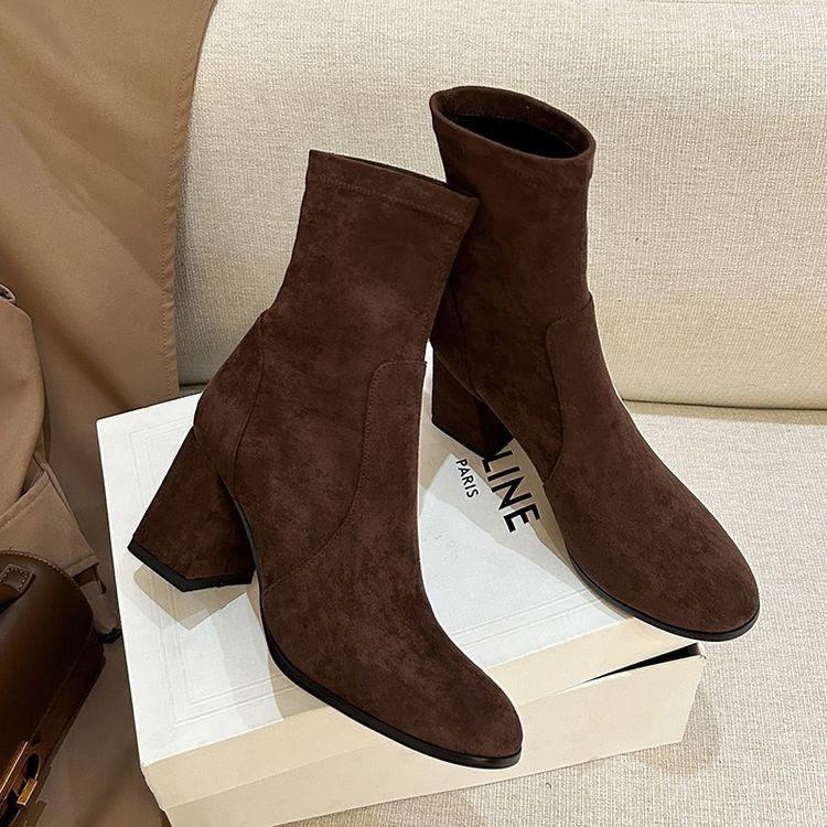 Korean girl~ Round head thick heel elastic suede thin boots commuting versatile high heel small ankle boots black short boots women
