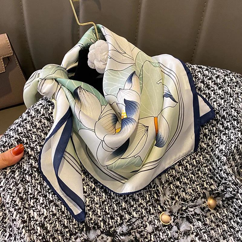 Elegant Print Square Scarf Women Floral Soft Satin Neckerchief Head Scarves Hijab Female Headband Bag Ribbons Bandana Foulard