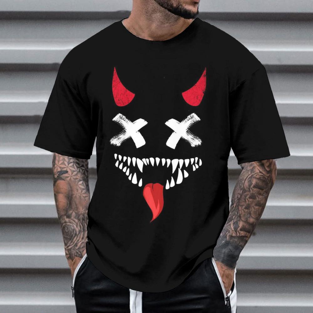 Summer Round Neck 3D Neon Graffiti Skull Graphic Print Top Fashionable Casual Short Sleeved Men's T-shirts