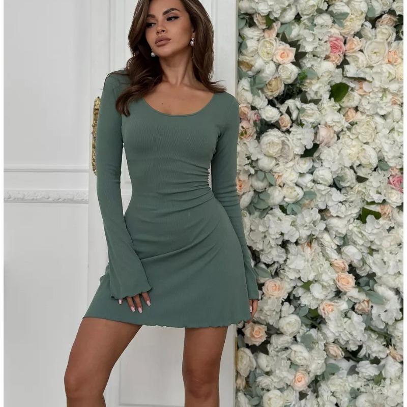 New Fashion Long Sleeve Hip-wrapped Lace-up Dress Crew Neck Slim Fit A-line Party Short Dresses Elegant Solid Color Casual Simple Sexy Clothing