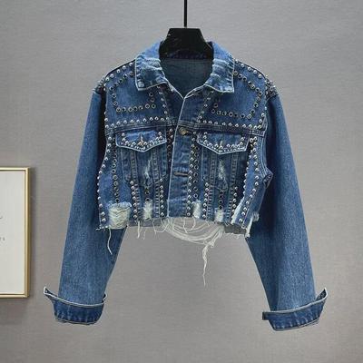 Jeansjacke mit Perlennieten und Diamanten für Damen