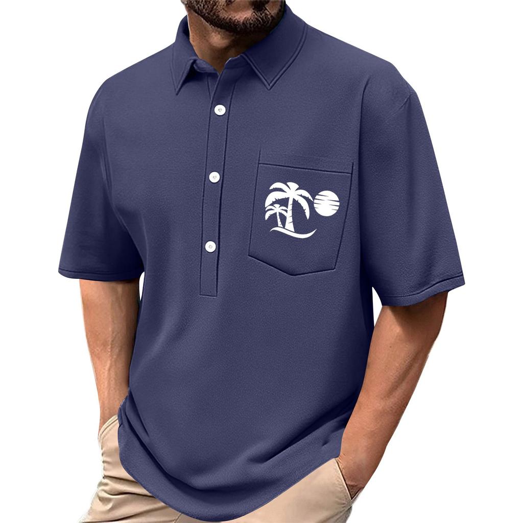 Men's Summer Solid Color Print Four-sided Stretch Lapel Button Pocket Shirt Casual Sports Short-sleeved Top