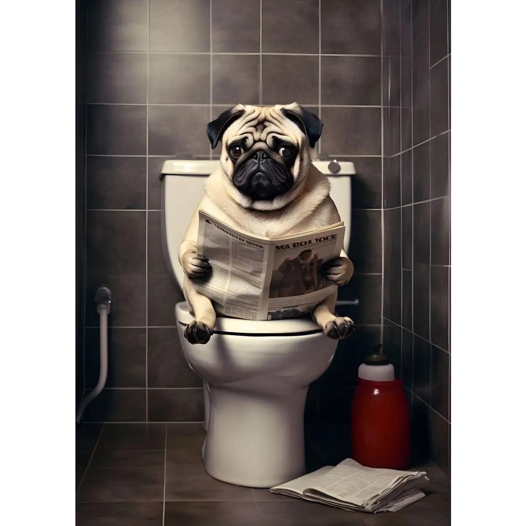 Dog Monkey Highland Cow Sitting on The Toilet Reading Newspaper Poster Animal Print Canvas Painting Funny Bathroom Wall Decor