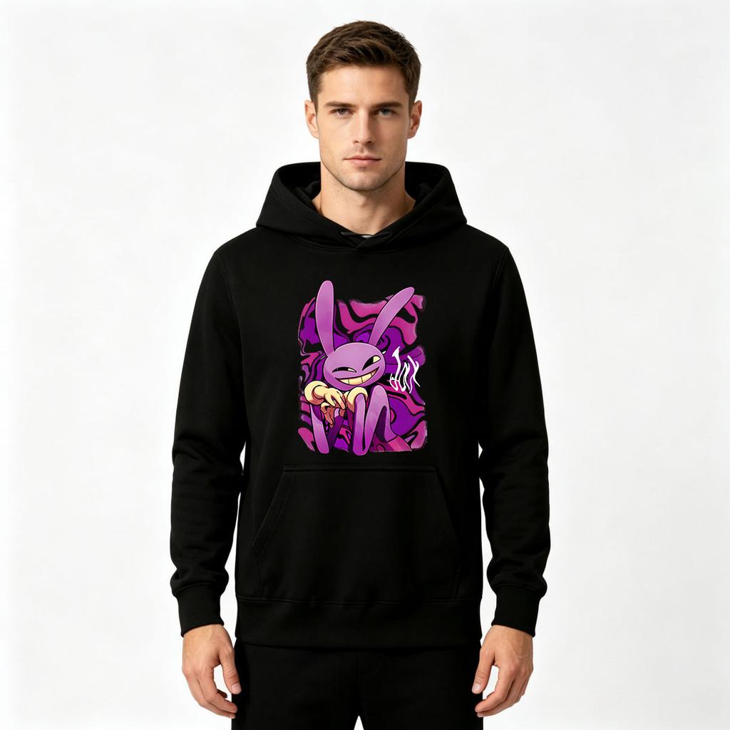 Men's Casual Pullover Hoodie, Funny Purple Bunny Cartoon Print Long Sleeve Sweatshirt for Daily Wear