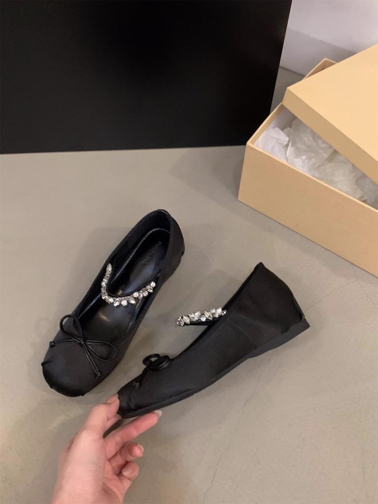 Modische Mary Janes Ballerinas für Damen Knöchel Kristallriemen Slipper Freizeitschuhe Neue Mode Runde Zehenpartie Schleife Einzelne Schuhe Damen Tanzschuhe