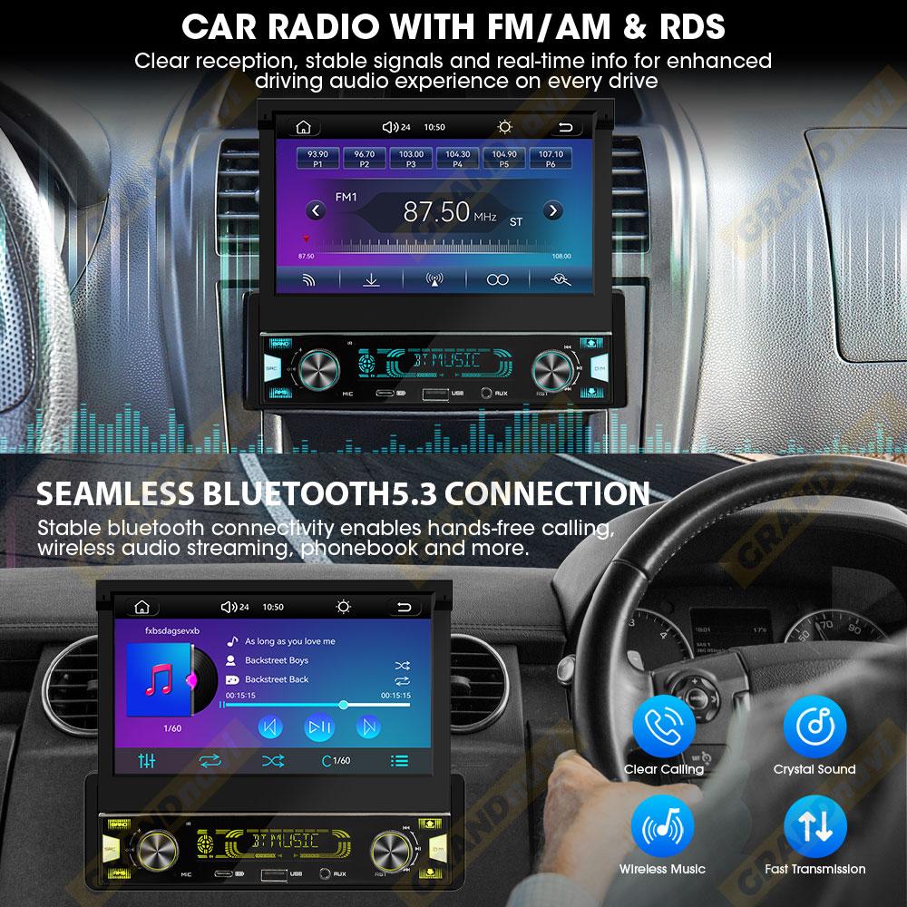 1Din 7'' MP5 Radio Player FM AM RDS Automatic Retractable Screen Wireless Carplay Android Auto Multimedia USB Type-C Car Stereo