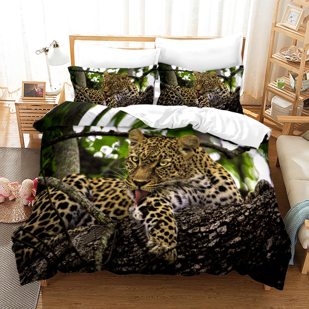 Leopard Duvet Cover Set King Size 3D Animal Print Bedding Set Wildlife Polyester Comforter Cover Set Red Rose For Kids Boys Girl