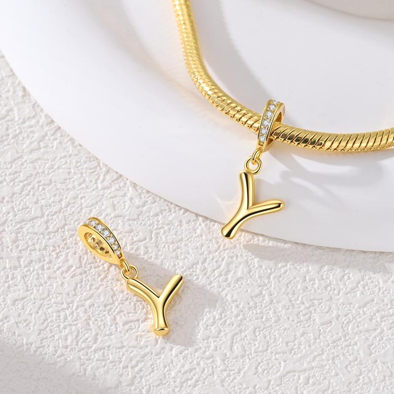 Copper Charms Golden Zircon Alphabet A-Z Beads Pendants Dangles Fit Original Charm Bracelet Women Diy Gift Jewelry