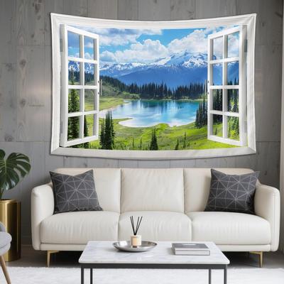 Window View Tapestry Moraine Lake Surrounded By Forests | Creativity Aesthetic Natural Scenery Wall Hanging For Bedroom