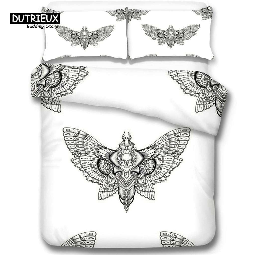 Gothic Skull Bedding Set Death Moth Flowers Print Duvet Cover Skeleton Bones Butterfly Pillowcases