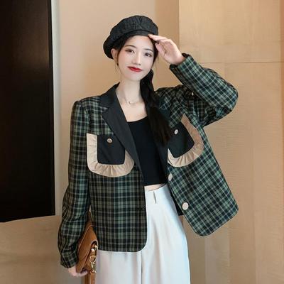 Casual Green Plaid Suit Jacket for Women Unique Design Perfect for Casual Wear