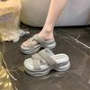 Thick-bottomed Rhinestone One-word Women's Outer Wear 2025 New Summer Slope Heel Stepping On Shit Feeling Casual Versatile Cool Slippers