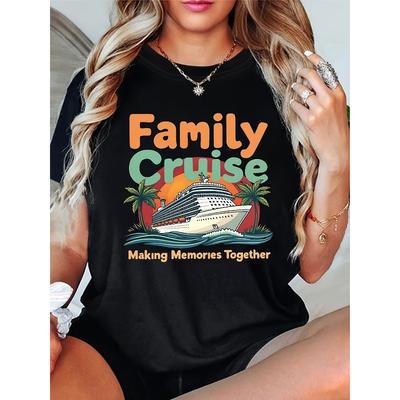 "Family Cruise Making Memories Together" Palm Tree Sunset Print Casual Tee