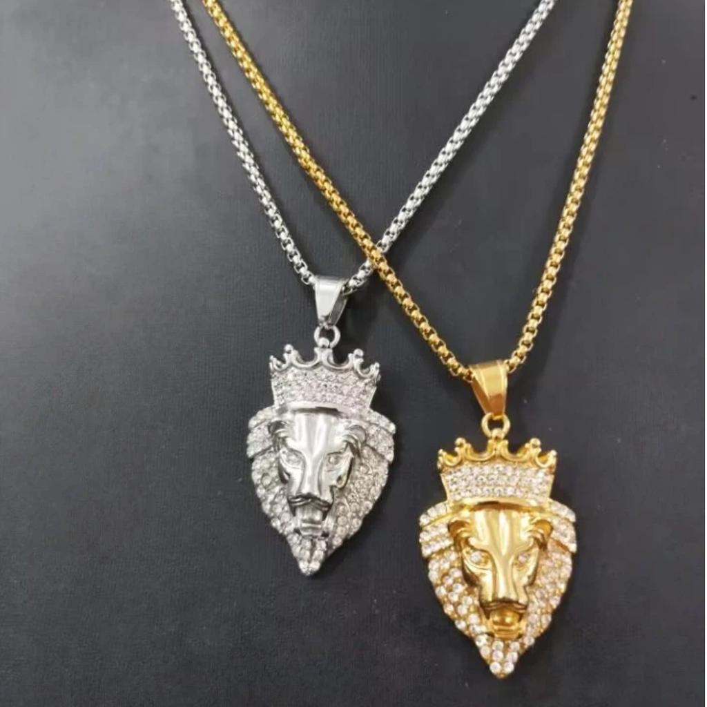 AAA CZ Crown Lion King Pendant Gold Silver Plated Punk Hip Hop Animal Lion Lion Head Men's Stainless Titanium Steel Necklace