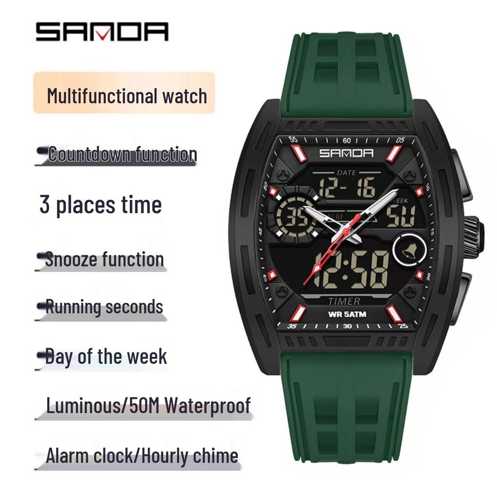 SANDA Men's Waterproof Sports Watch, Dual Display Countdown Timer, Large Barrel Dial, Luminous, with Alarm Clock Function.