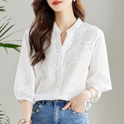 Women's V Neck White Shirt Three Quarter Sleeve Spring Summer Pure Cotton Embroidered Blouse Elegant Shirt
