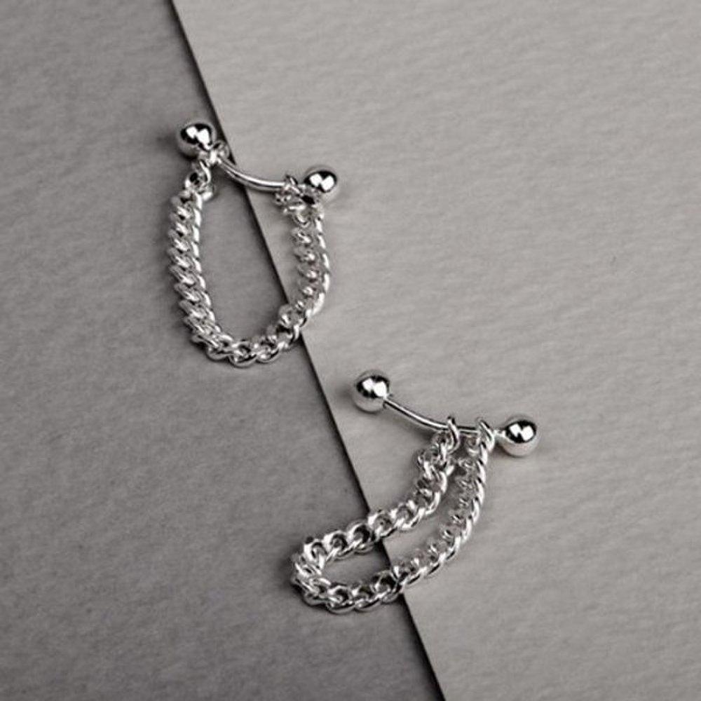 

[Aslit] Banana Piercing Chain Earrings Silver 925 Fashion Barbell