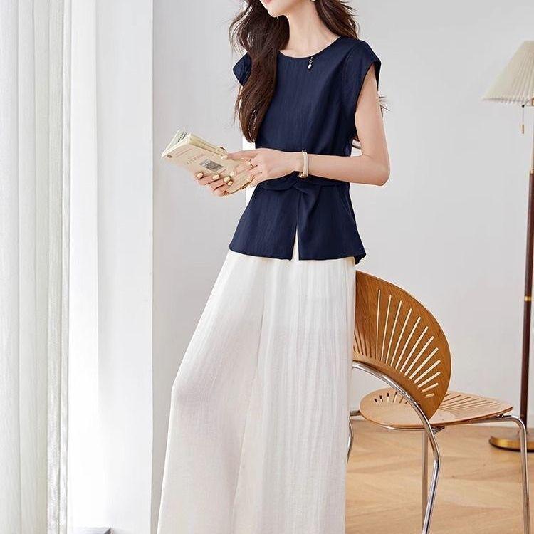 Шикарный женский летний льняной костюм 2026: Универсальный комплект: топ и брюки клеш 2XL