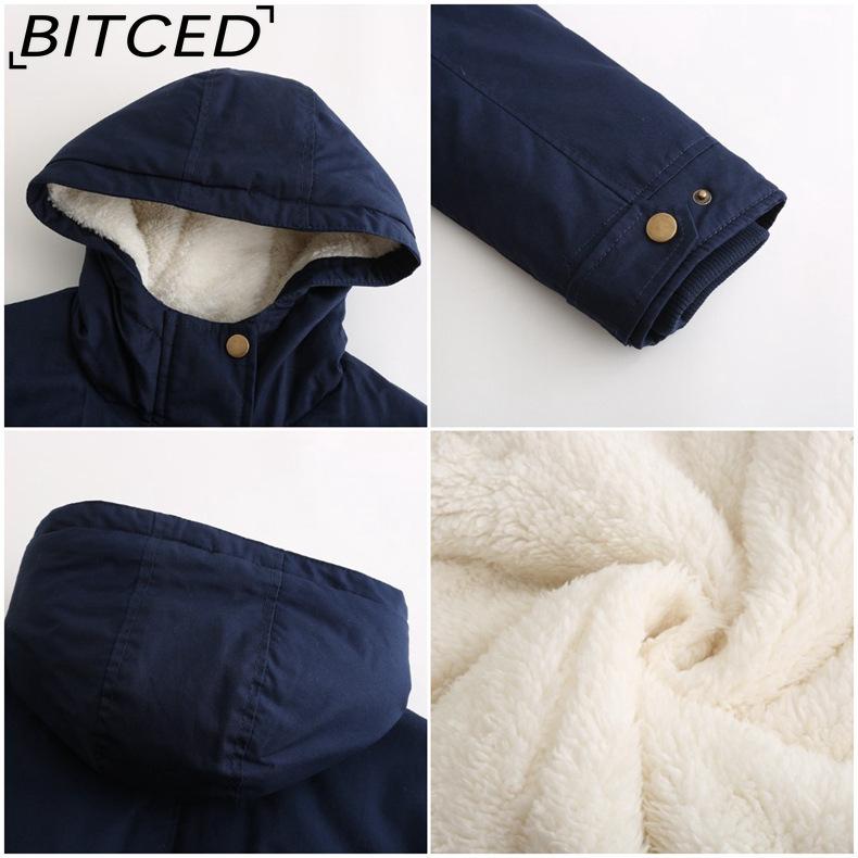 BITCED Autumn/Winter Women's Cotton Coat Solid-Colour Hooded Parka Thick Cotton Coat with Fleece Lining