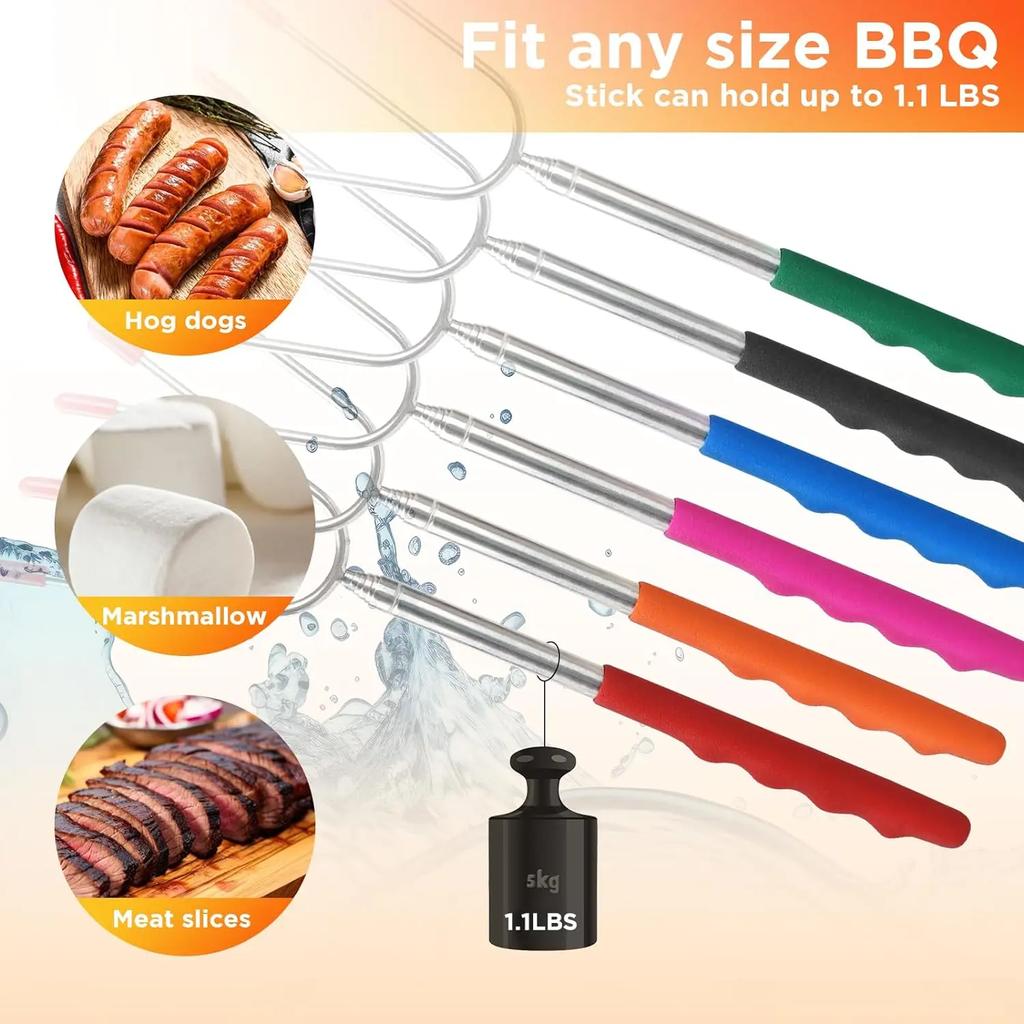 Neue Teleskop-Grillgabeln aus Edelstahl, Röststäbe, Wurstspieße, Grillwerkzeuge, Marshmallow-Hot-Dog-Spieße 6 STÜCK