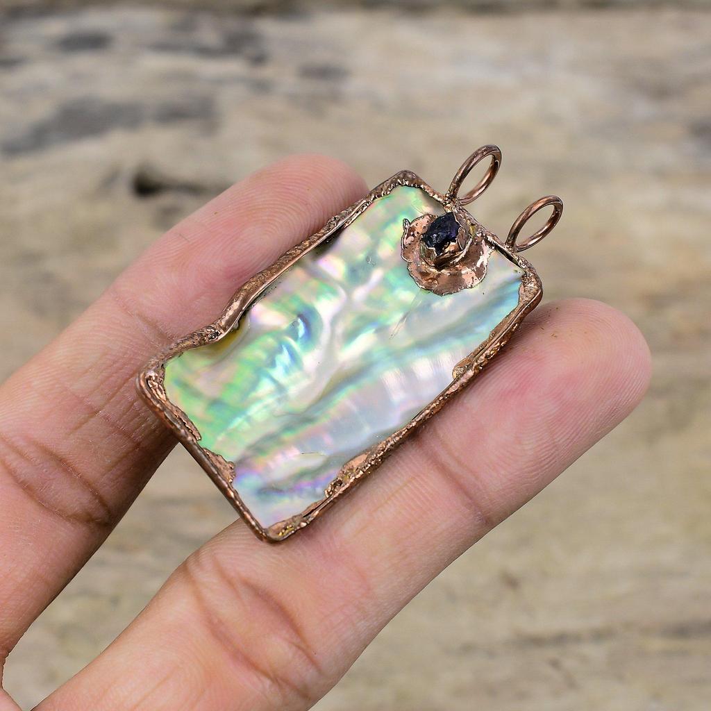 Abalone Shell Rough Pendant Electroformed Copper Pendant Handmade Gemstone Jewelry African Amethyst Rough Pendant Women Jewelry Gift For Him