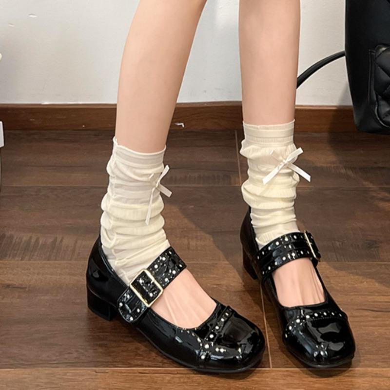 Women's Thick Heel Shoes Spring New Round Head Shallow Mouth Metal Line with Anti-slip Wear-resistant Heel Shoes