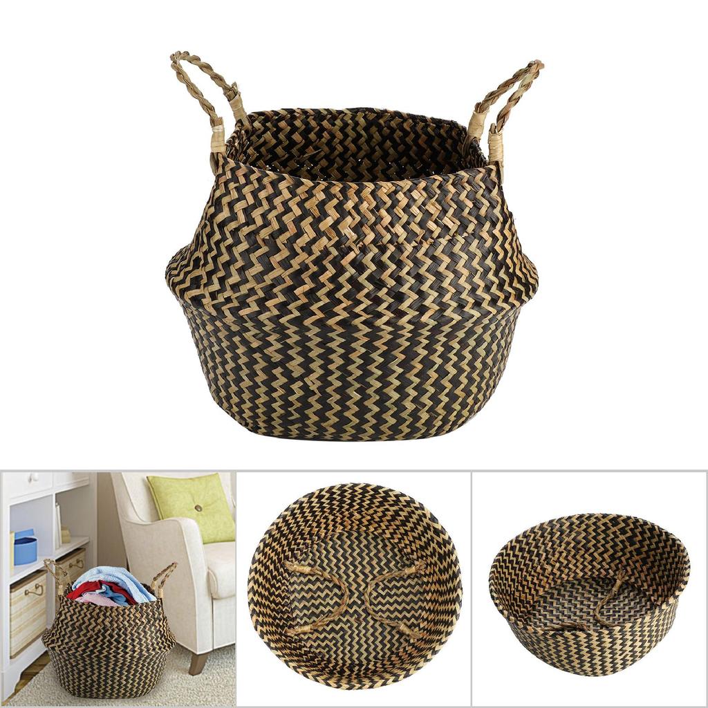 1Pc Foldable Natural Seagrass Woven Storage Basket Clothes Organizer Plant Flower Pot(Black)