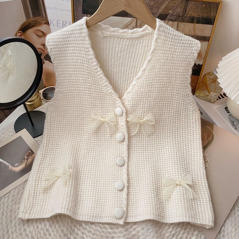 

Unique Small Bow V-neck Sleeveless Vest Women s Spring Autumn Slim Short Knitted Gilet S