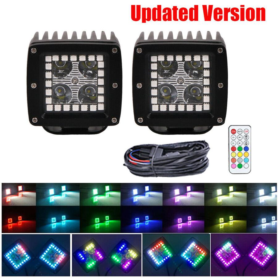 Pair 72W Led Work Light Bar 3X3" Spot Pods RGB Halo Color Angel Eyes  Changing C