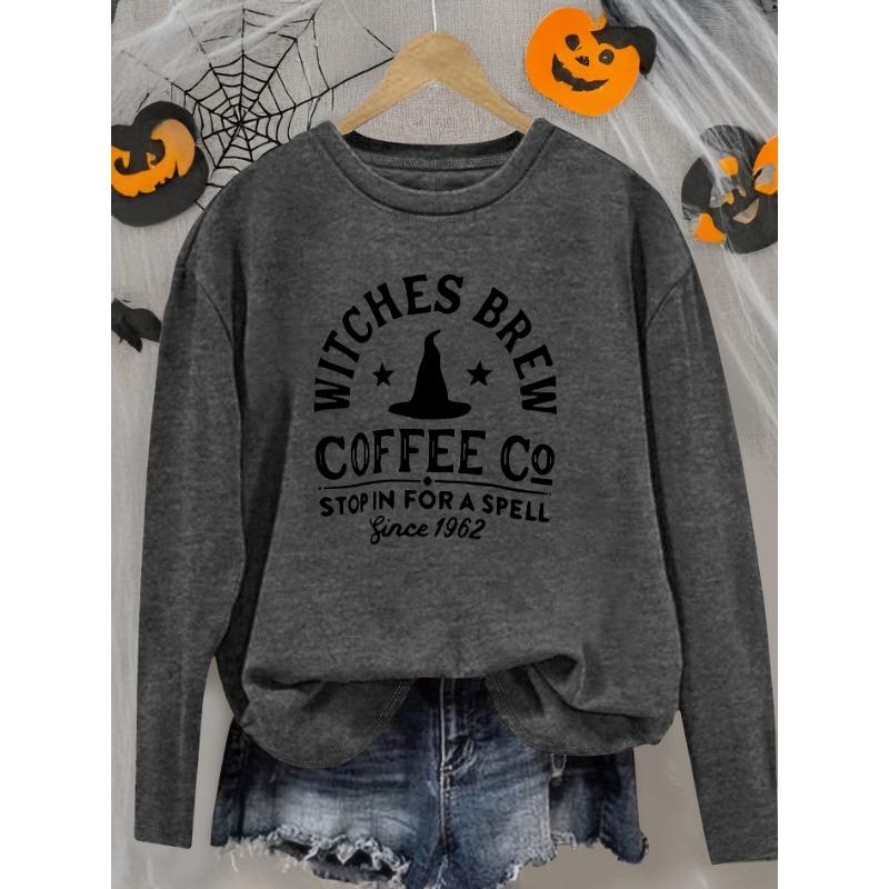Retro Witch Hat Print Women's Graphic Round Neck Elegant Long Sleeve T-Shirt