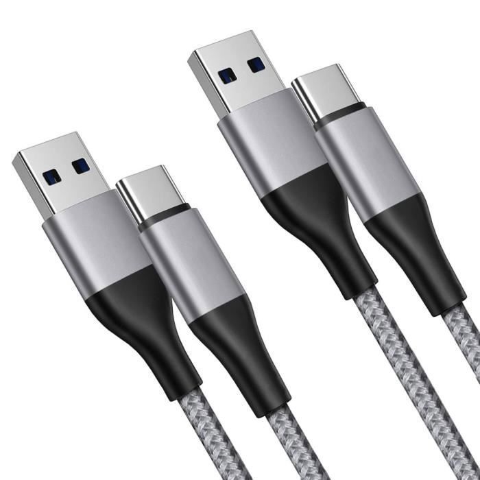 2x Câble USB-C Nylon Rapide 3A pour Samsung Galaxy A26 A25 A15 A05s A35 A36 A55 A56 - Gris 1 Mètre