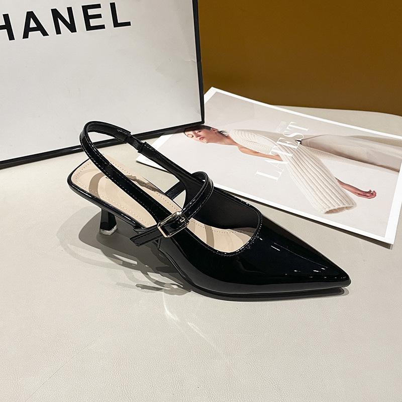 Fashion high heels women's pointed head 2025 new autumn patent leather back empty temperament single shoes black thin heel summer sandals