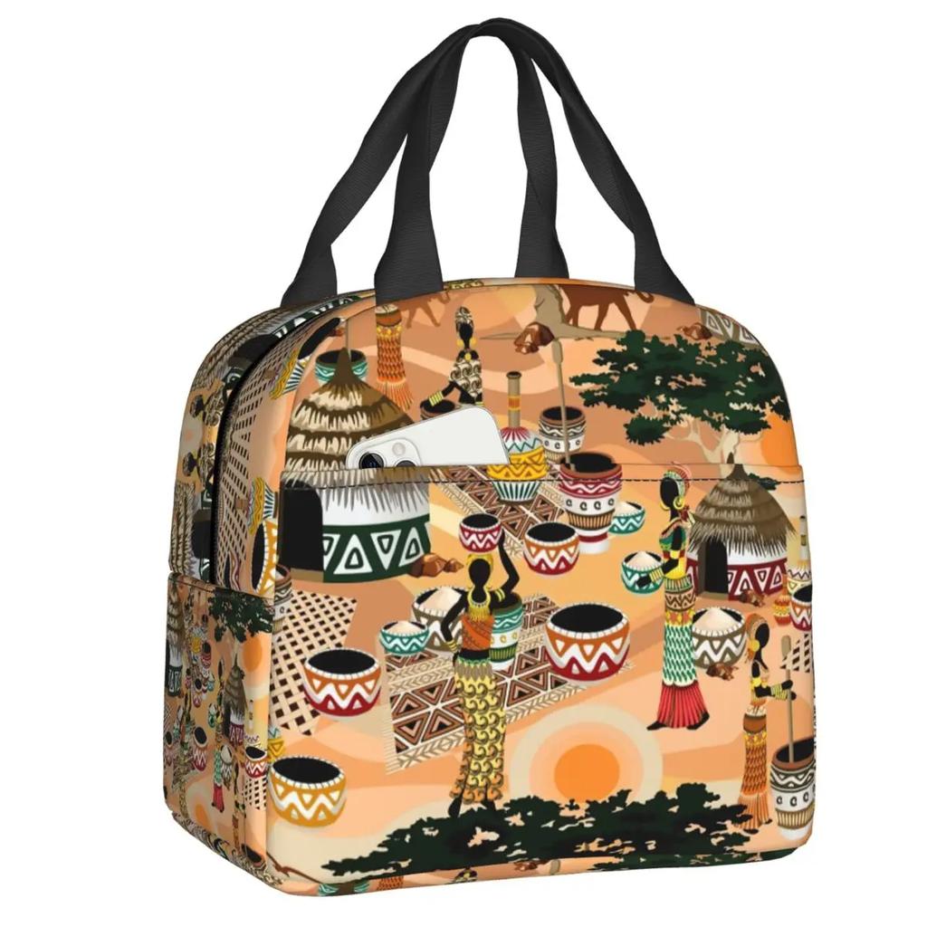 African Elements Pattern Insulated Lunch Tote Bag for Women Africa Ethnic Culture Cooler Thermal Bento Box Work School Travel