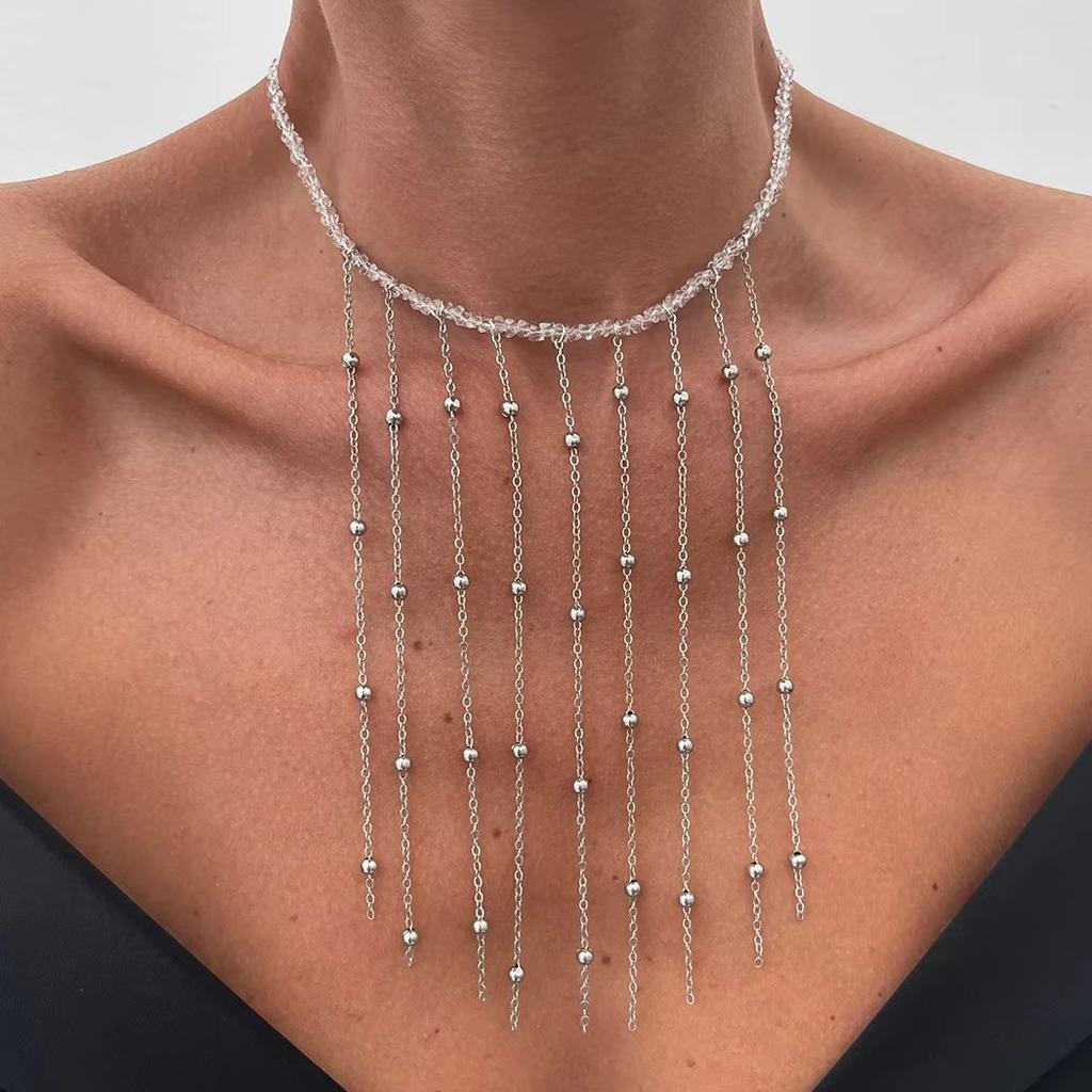 Salircon Nádherný Otevřený Choker Náhrdelník s Třásněmi z Imitace Perel Dámský Módní Dlouhý Třásně CCB Korálky Řetízek na Klíční Kost Šperky