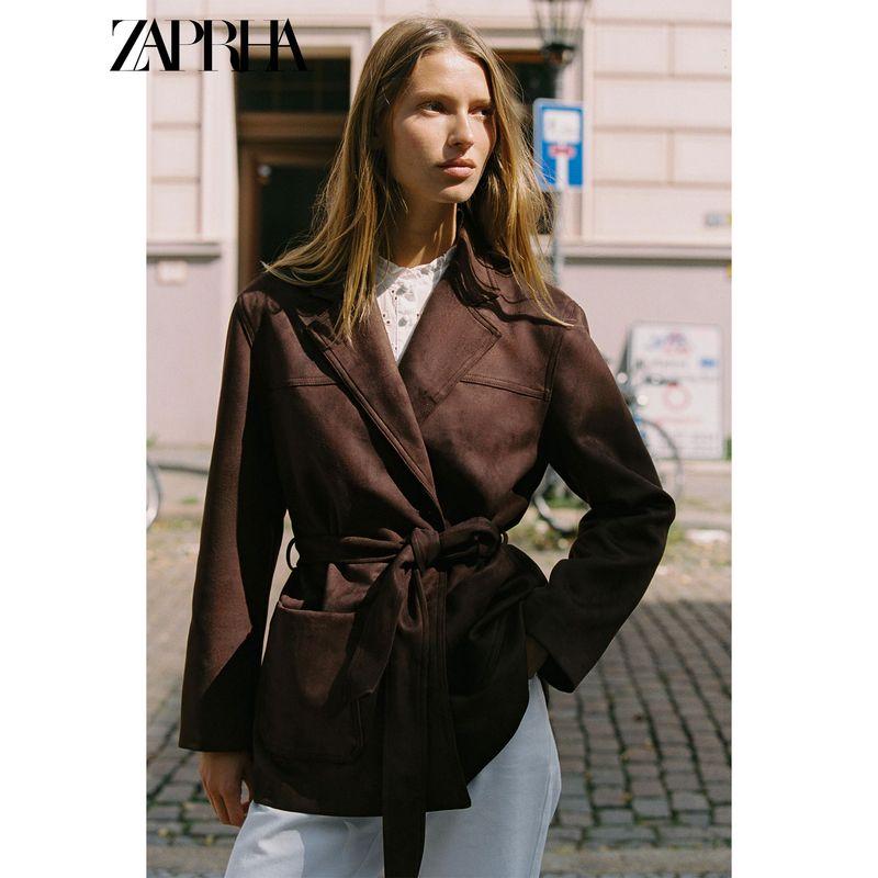 Zaprha 2025 Autumn New Women With Belt Suede Effect Lapel Long Sleeve Jacket 4968221