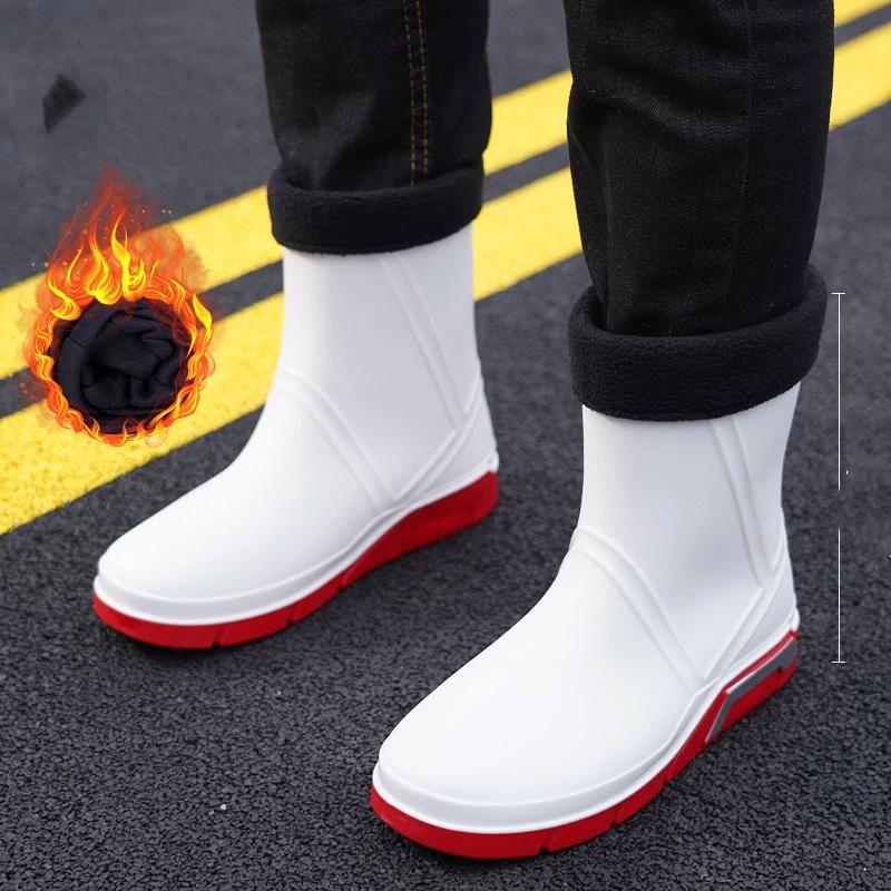 

Men s Mid Tube Flat Bottom Anti Slip Waterproof Cotton Rain Shoes 44 белый