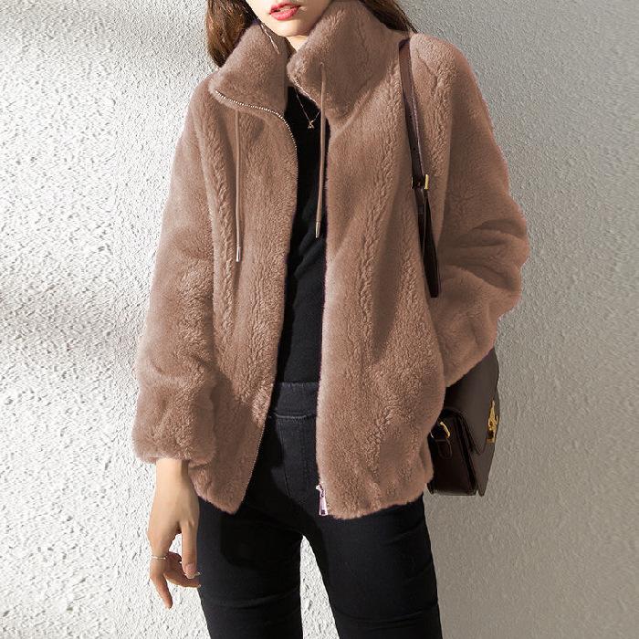 Short coral fleece jacket women's new casual versatile solid color stand-up collar trendy clothes