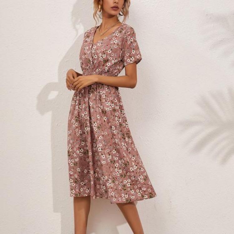 Summer Vacation Floral Print V Neck Loose Dress for Ladies