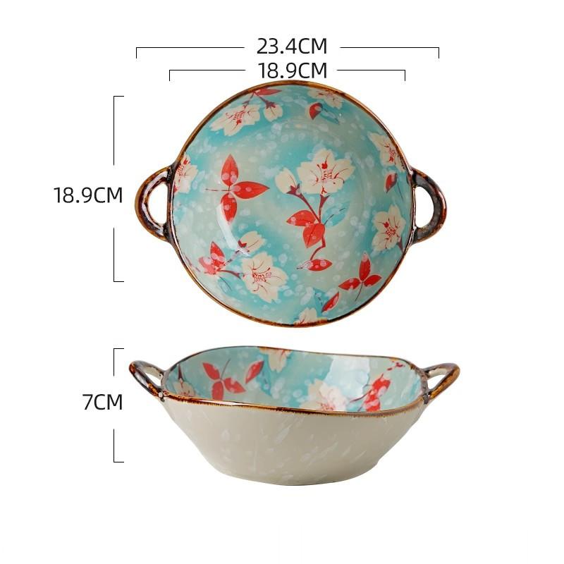 1PC Japanese Style Double-handle Soup Bowl Ceramic Noodle Bowl Kitchen Tableware Pasta Salad Bowl Home Microwave Oven Bakware