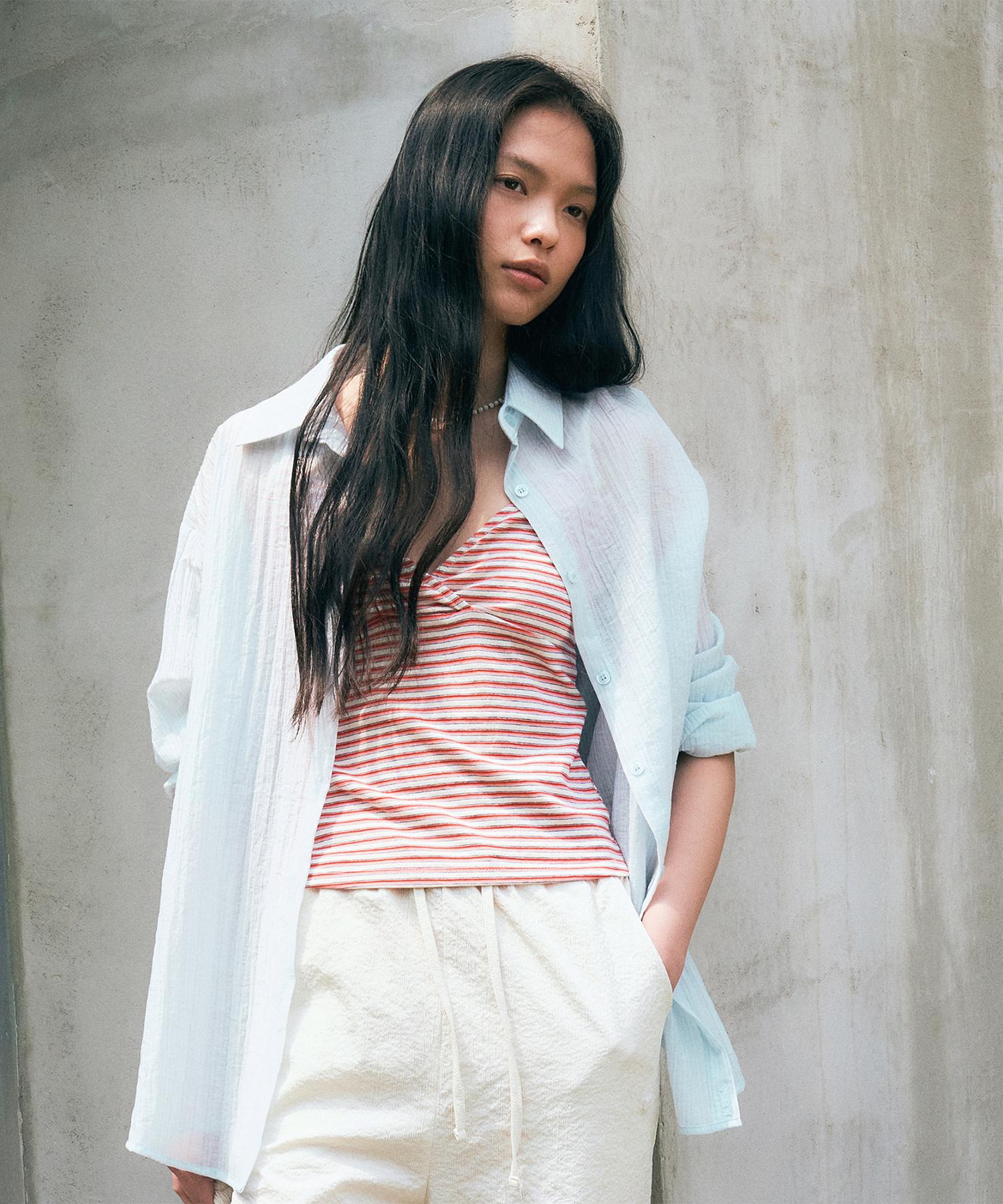 Nive Linkle Pin See Through Stripe Shirt (Sky Blue) Sky Blue/Free