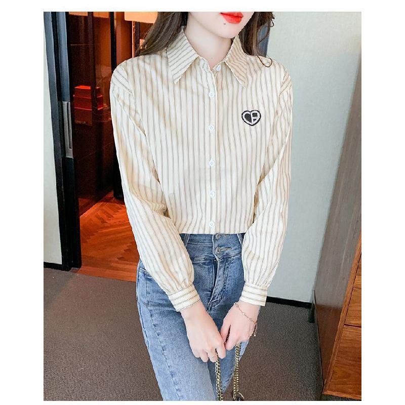 2026 New Women's Embroidered Cotton Shirt, Fashionable and Youthful Striped Long Sleeve Blouse