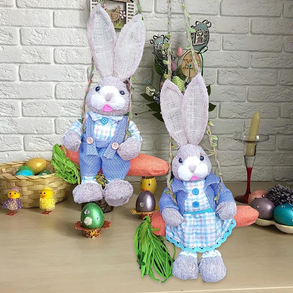 2pcs 35cm Swing Straw Bunnies Cute Exquisite Lifelike Straw Bunny Decorations for Home Garden Yard Blue Checkered Type