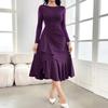 New Autumn and Winter Fashion and Elegant Solid-color Long-sleeved Round-neck Women's Irregular Dress