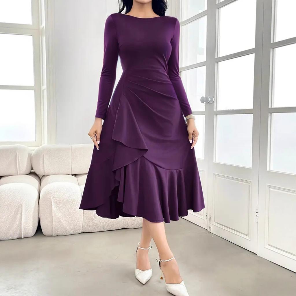 New Autumn and Winter Fashion and Elegant Solid-color Long-sleeved Round-neck Women's Irregular Dress