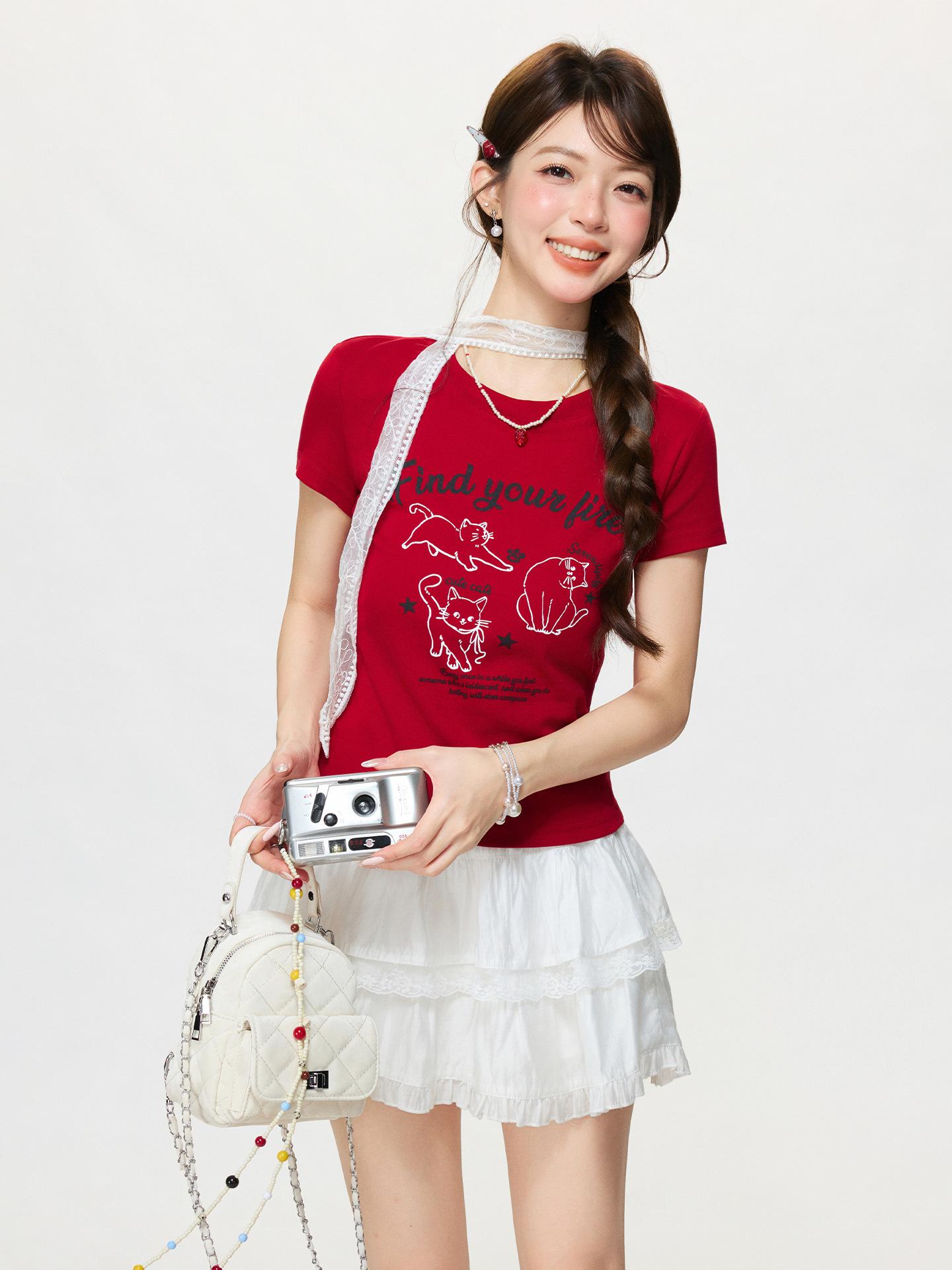 

Korean red round neck letter cat print short-sleeved T-shirt women s spring summer new slim-fitting and thin top S красный