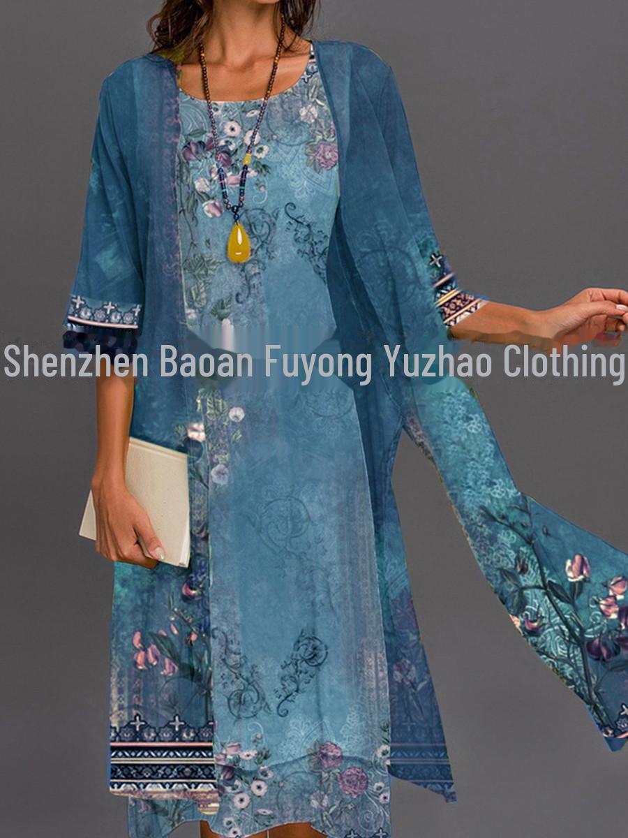 

Изумрудно-зеленое платье-миди из двух частей с цветочным принтом и рукавами 3/4 L синий