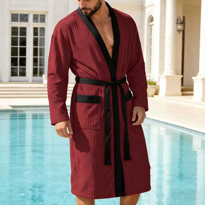Men's Waffle Knit Bath Robe Long Sleeve V-Neck Kimono Style Sleepwear with Belt and Pockets